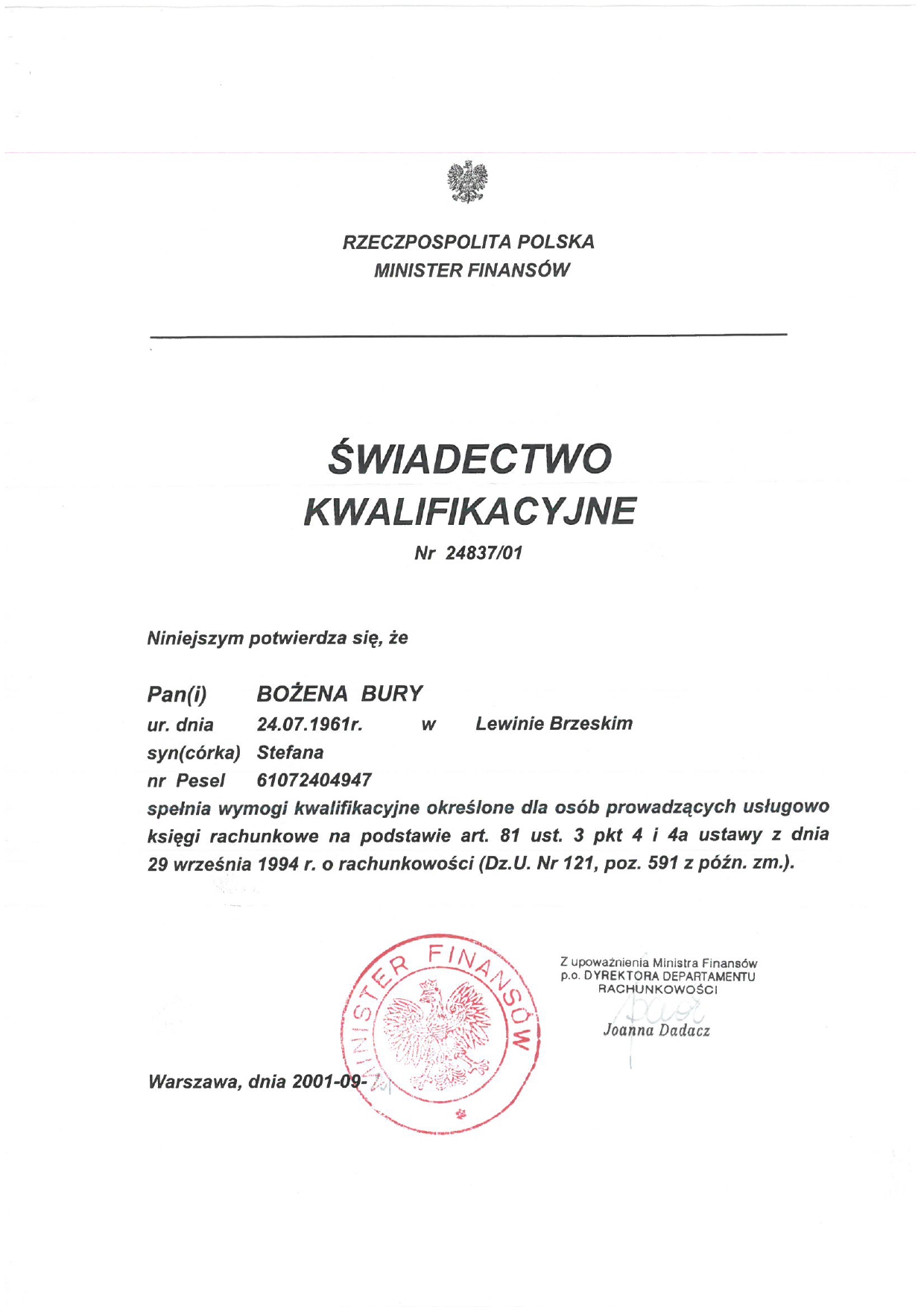 Świadectwo kwalifikacyjne Nr 24837/01