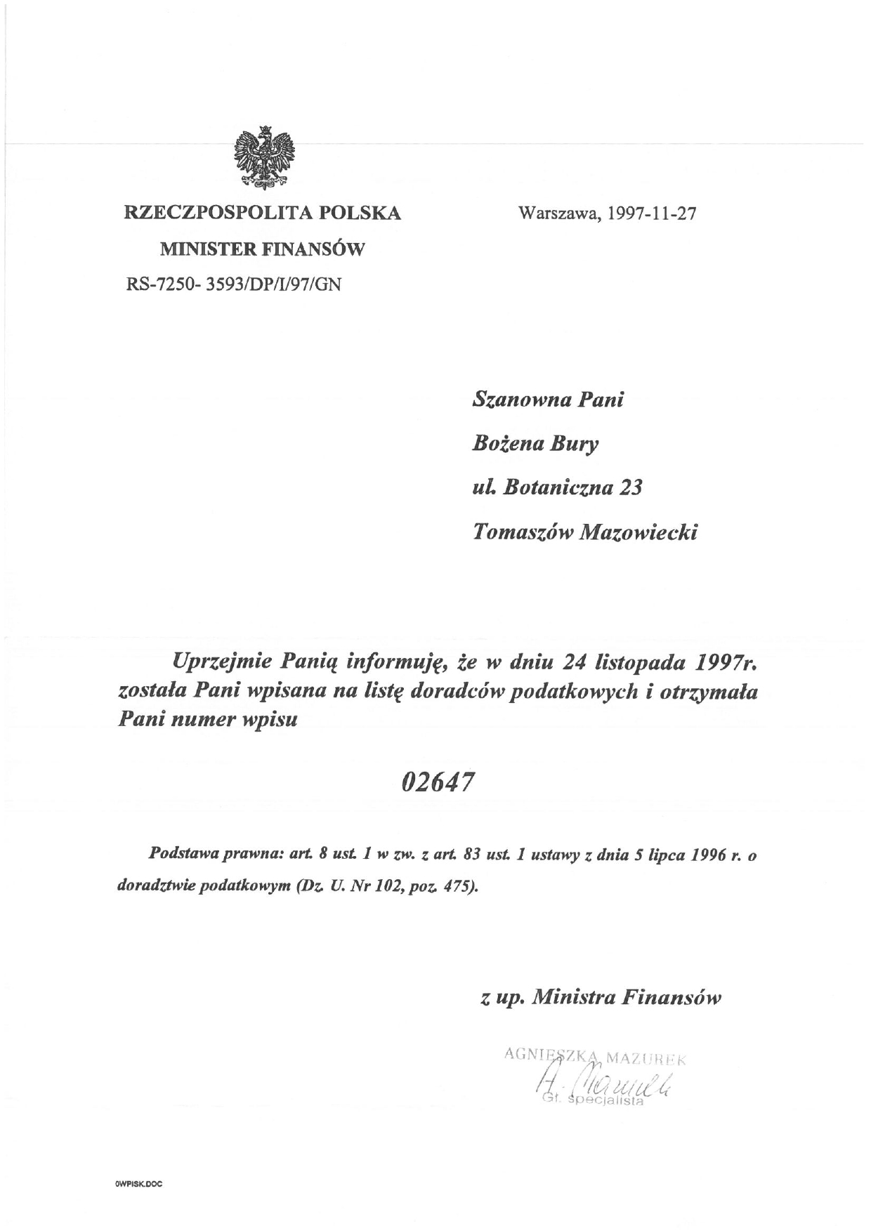 Świadectwo kwalifikacyjne Nr 24837/01